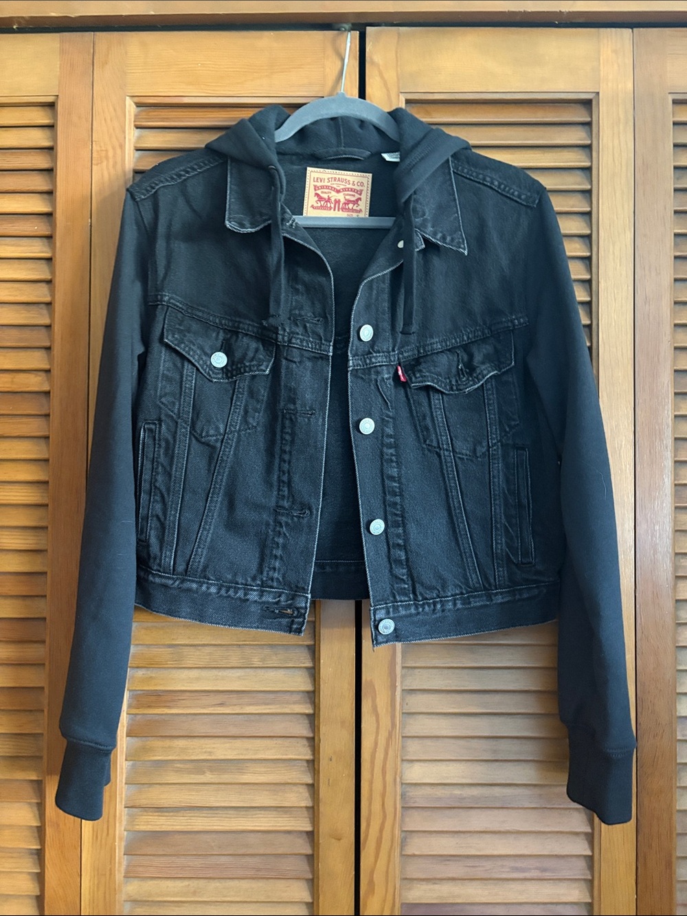 Levi's Black Hooded Jean Jacket with Knit Sleeves